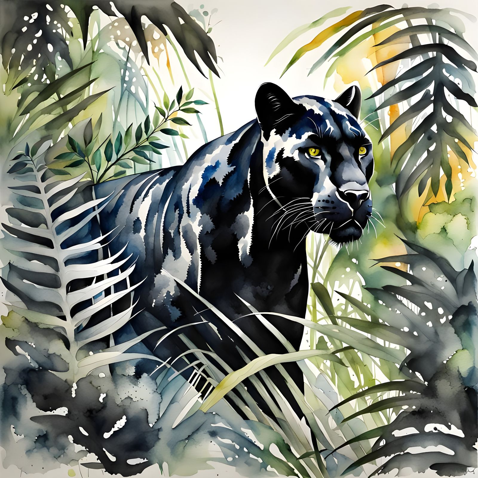 Black Panther in Jungle, Watercolor Ink Art