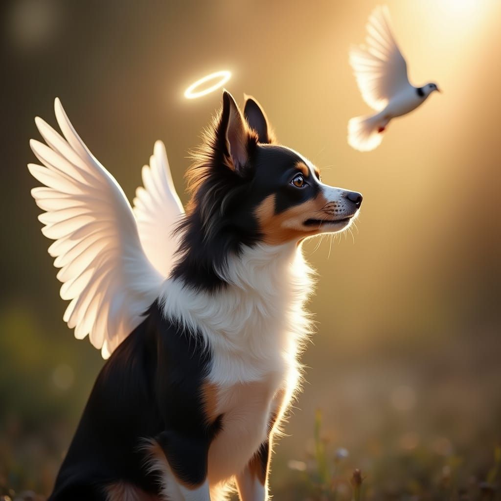 Angel Border Collie Mix with Wings and Halo