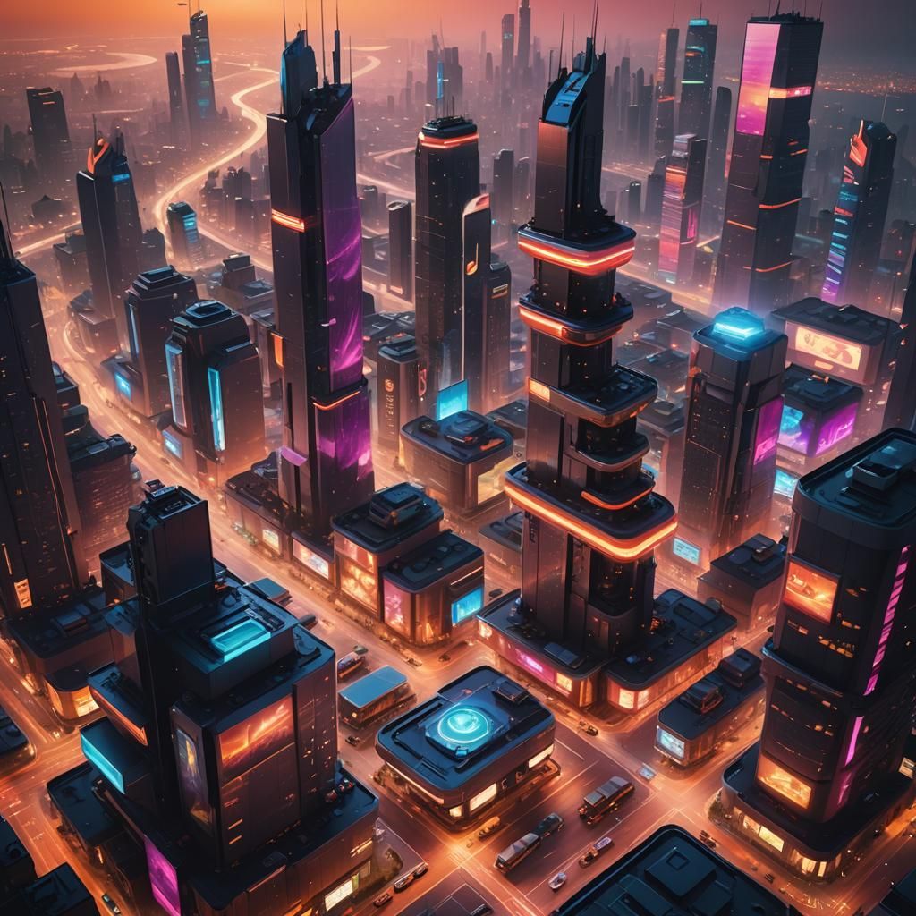 Futuristic Cityscape at Night in Vibrant Digital Art