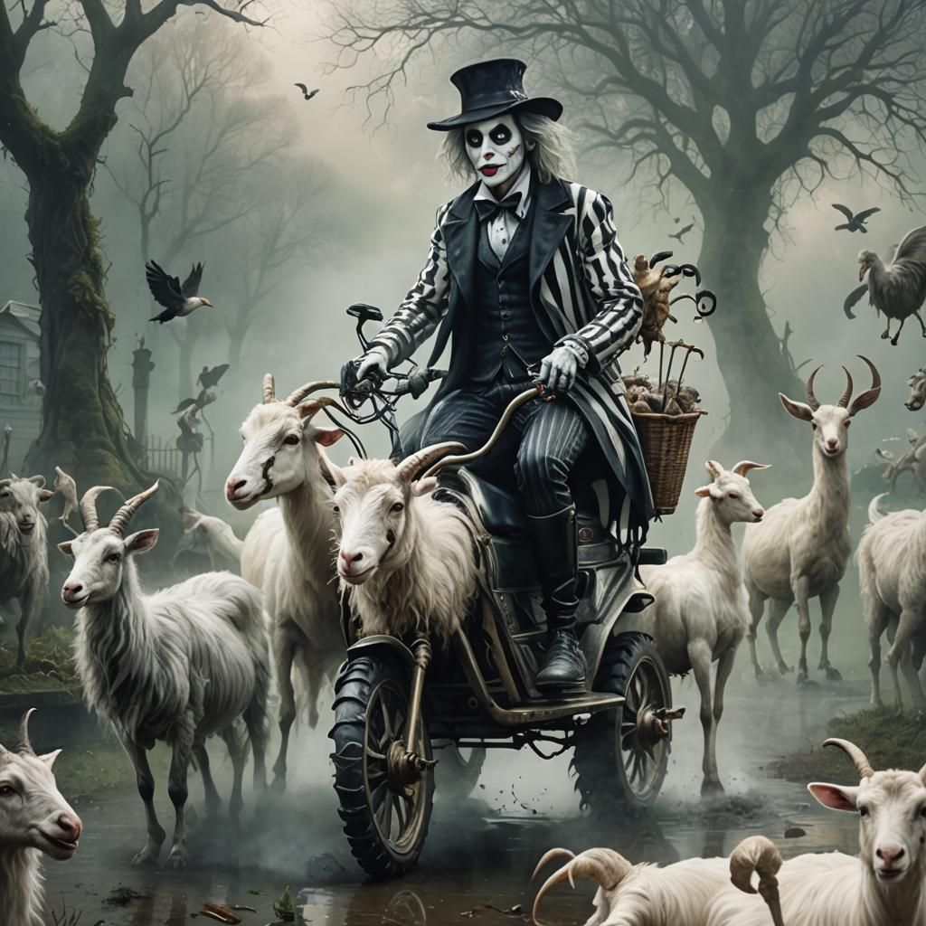 Beetlejuice Rides a Goat in Ethereal Fantasy