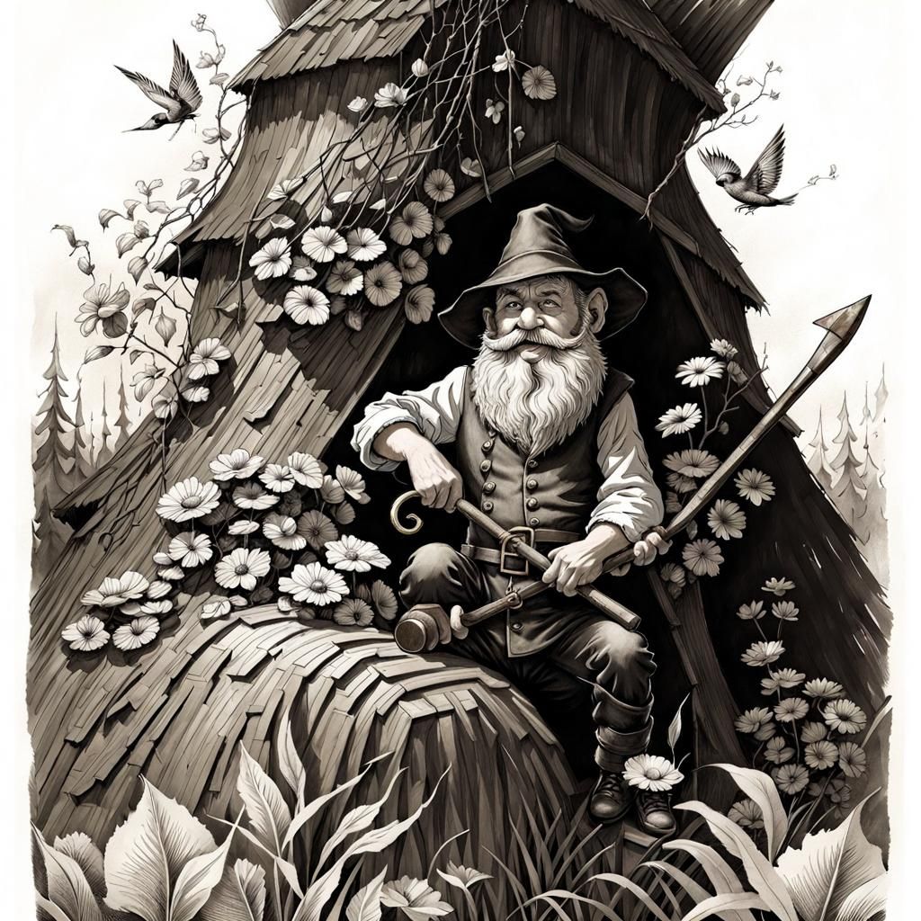 Gothic Gnome Miner with Jewel, Line Art Style