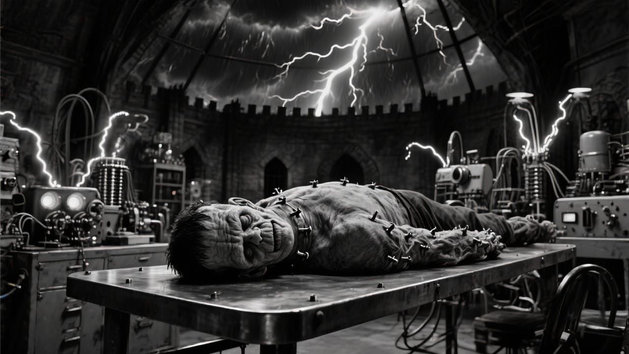 Classic Frankenstein Monster in Stormy Lab - B&W Cinema Styl...
