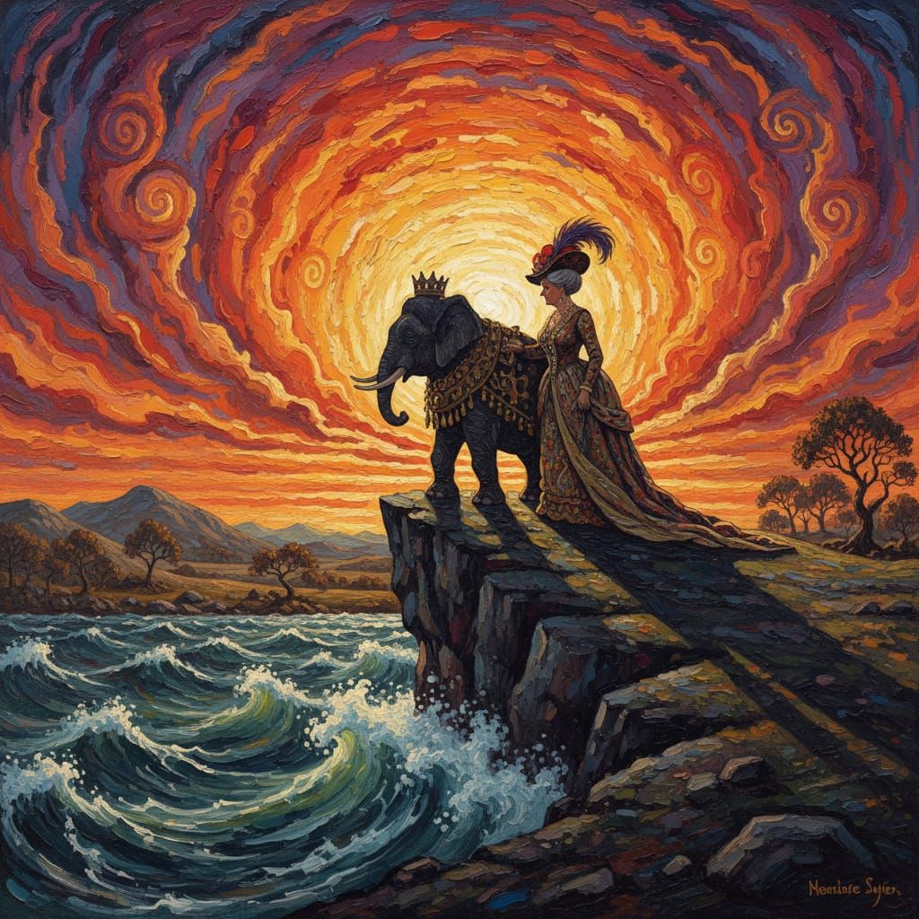 Babar Elephant on Cliff Overlooking Psychedelic Sunset Sea