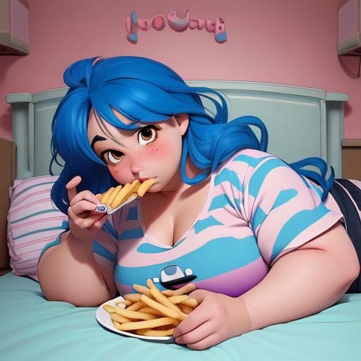Anime Girl Eating Fries on Bed
