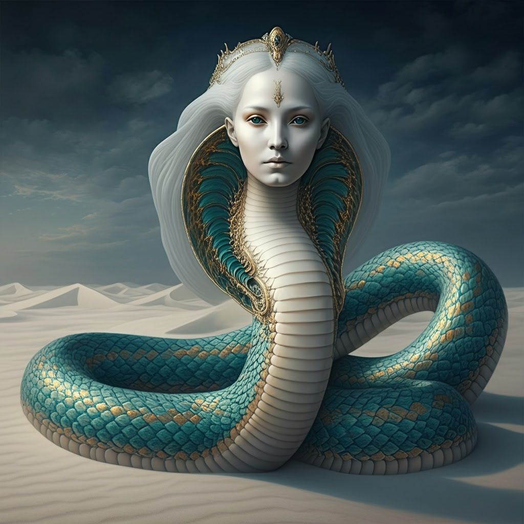 Serpentine Woman with Teal & Gold Scales in Twilight