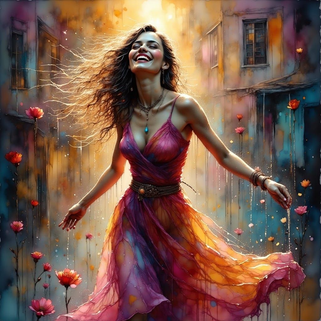 A Radiant Woman Dancing in the Rain with Joy
