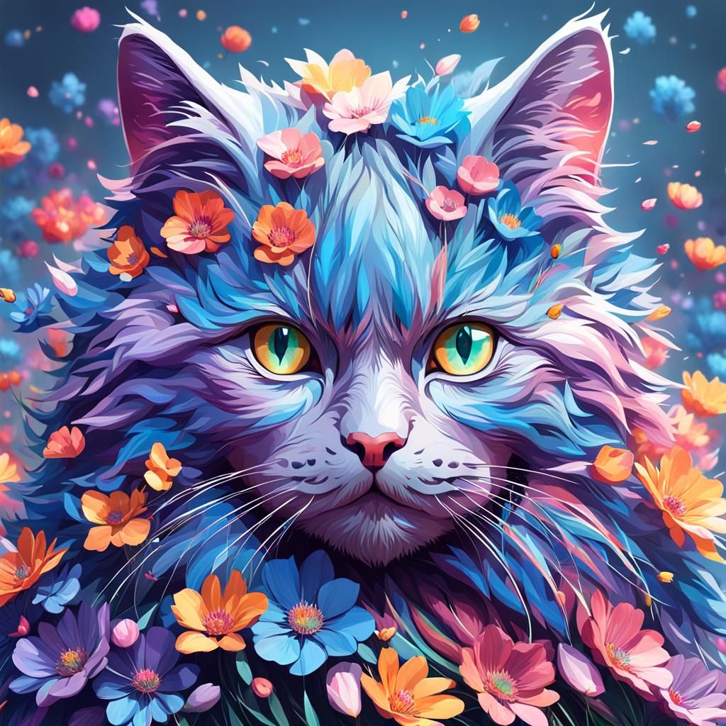 Blooming Floral Cat Portrait in Art Nouveau Style