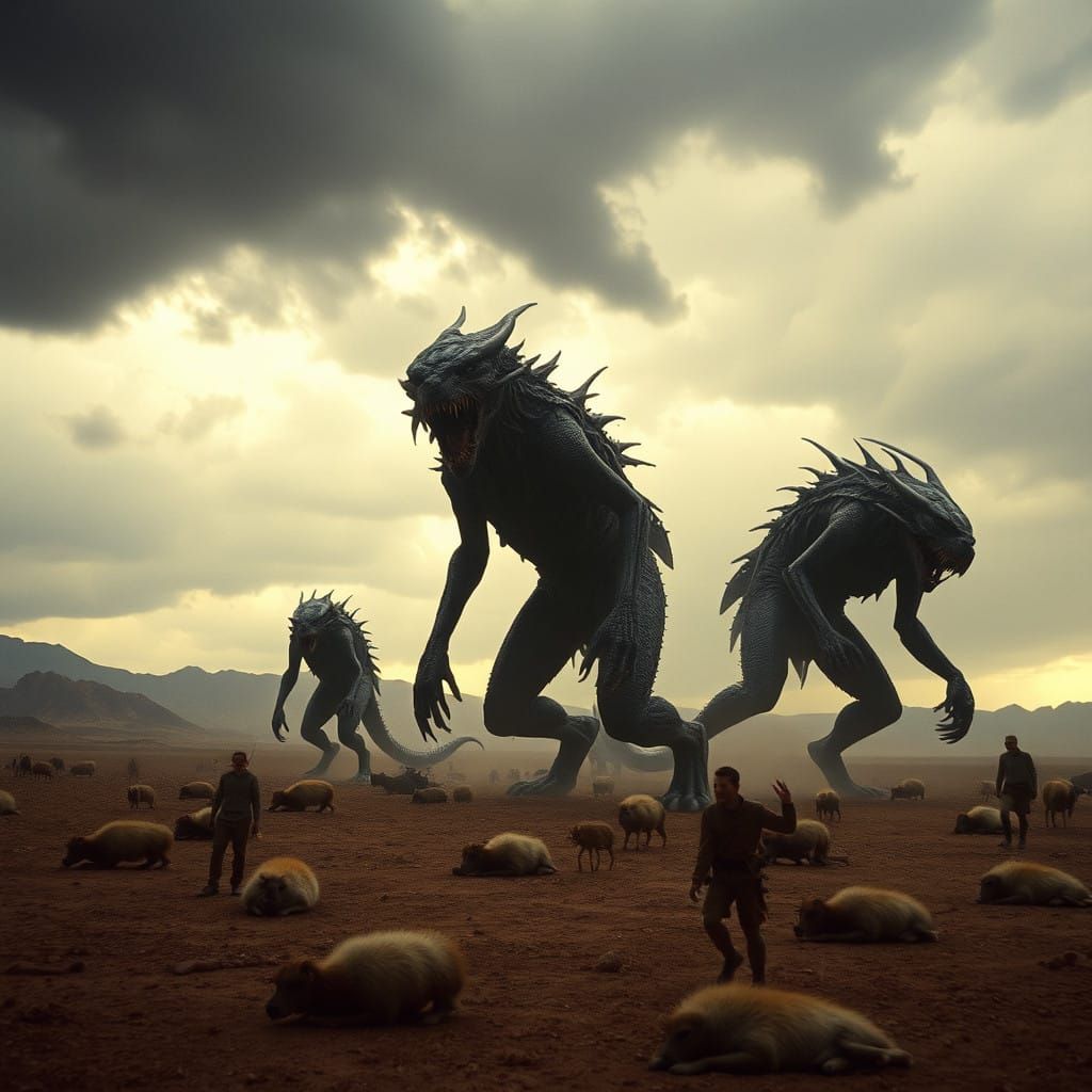 Gigantic Hybrid Beasts Devour in Desolate Landscape