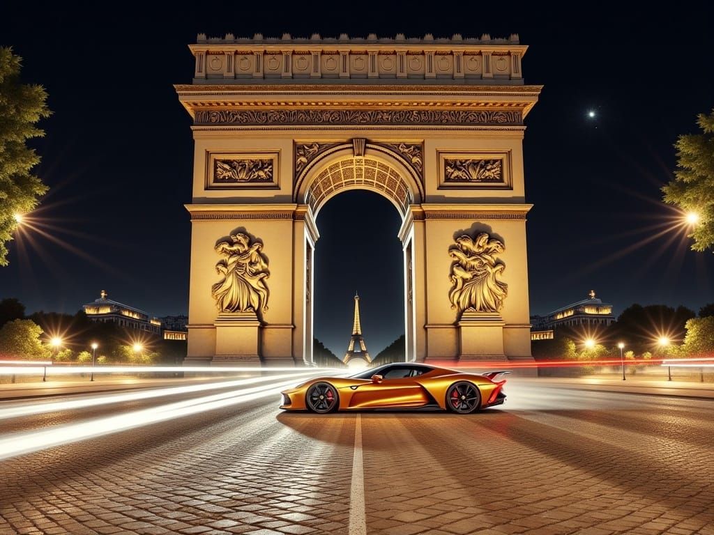 Futuristic Car Speeds Through Arc de Triomphe