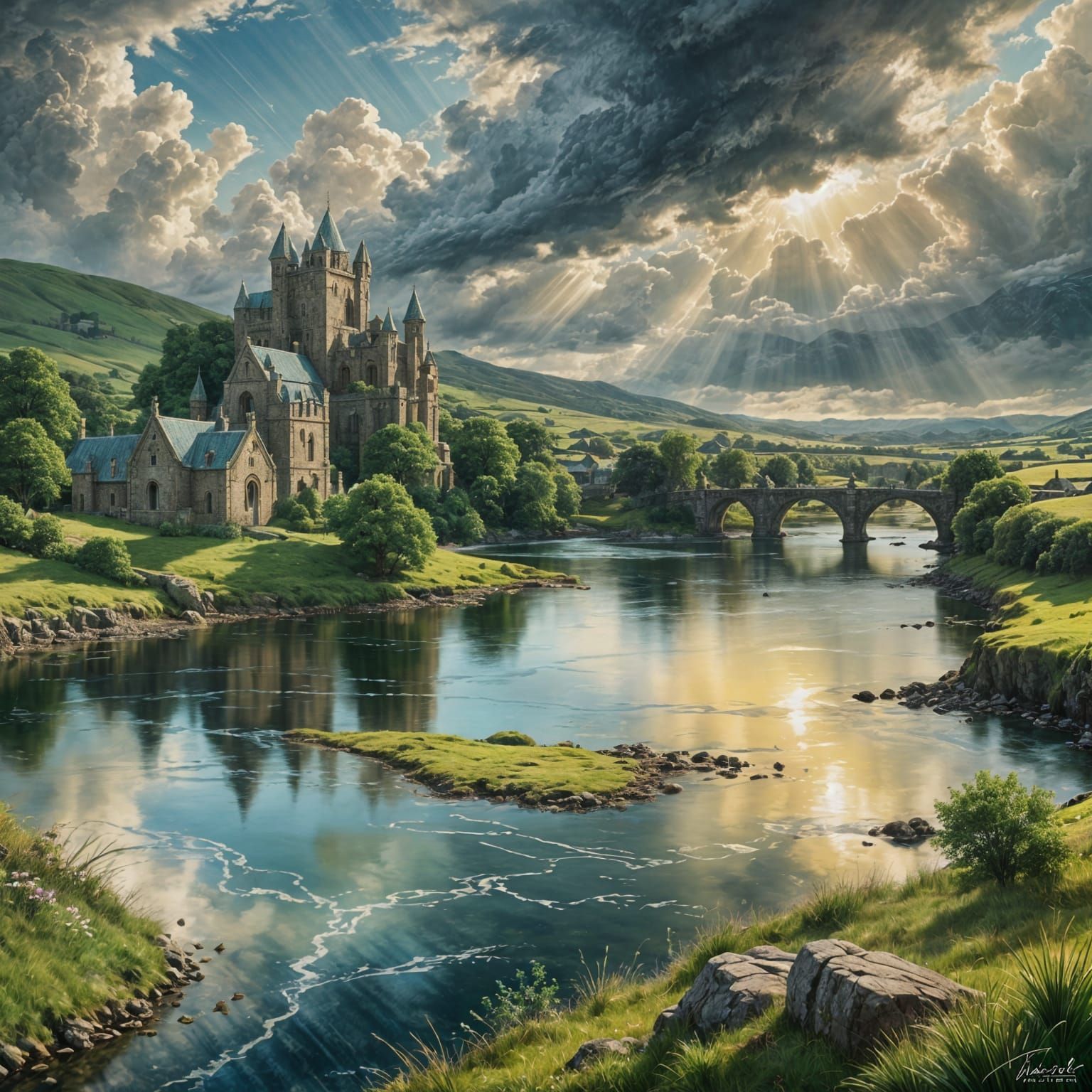 Celtic Village by the River Tweed: Fantasy Art