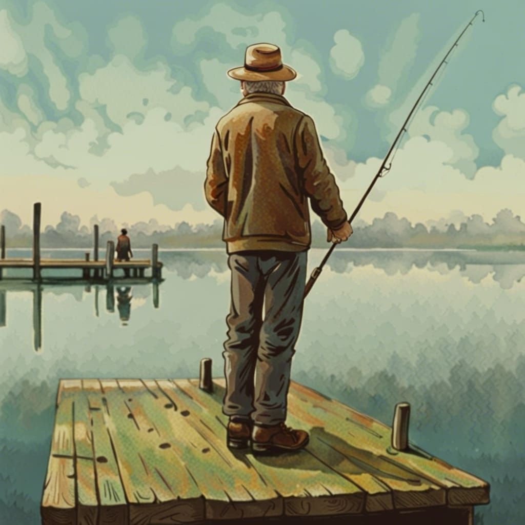 Fisherman on Lakeside Pier: Detailed Color Image