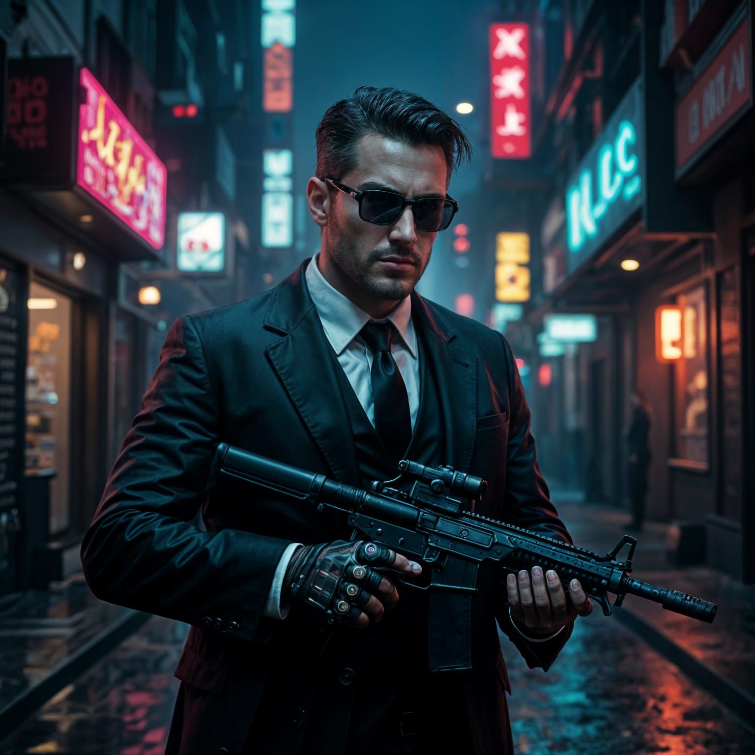 Cyberpunk Agent with Blade Prosthetic and Submachine Gun