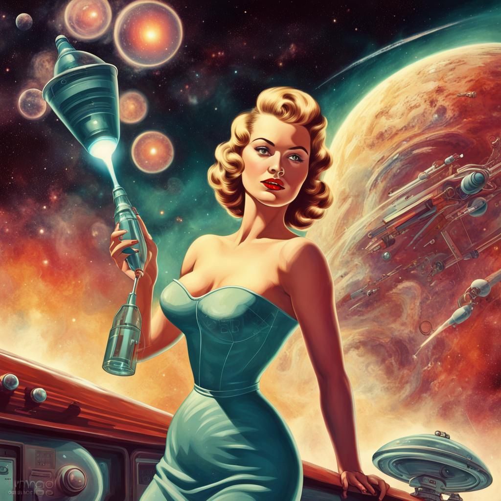 Retro-Futuristic Woman on Alien World Performing Chemistry