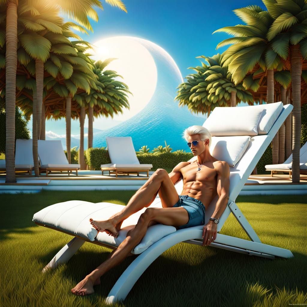 Fantasy Art: Blond Man Relaxing on Sun Lounger