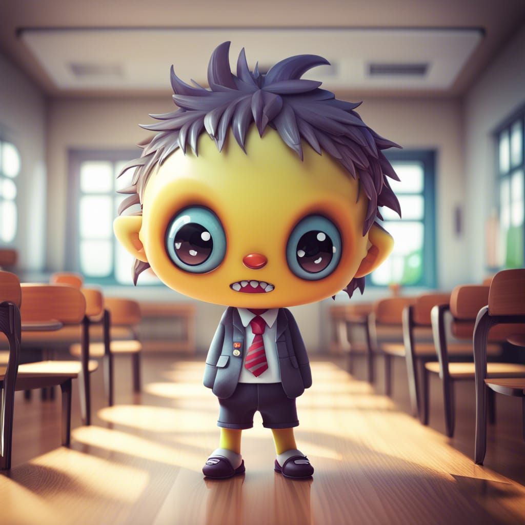 Cute Chibi Monster in Classroom, Hyperrealistic Style