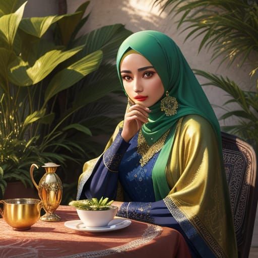 Muslim Woman Sipping Tea in Moroccan Courtyard