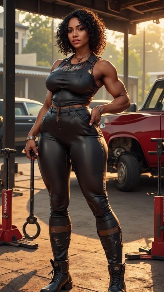 Elegant Woman in a Mechanic Shop: A Vibrant Portrait in Gold...