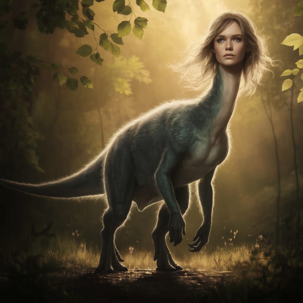 Surreal Digital Art of a Velociraptor with a Serene Female F...