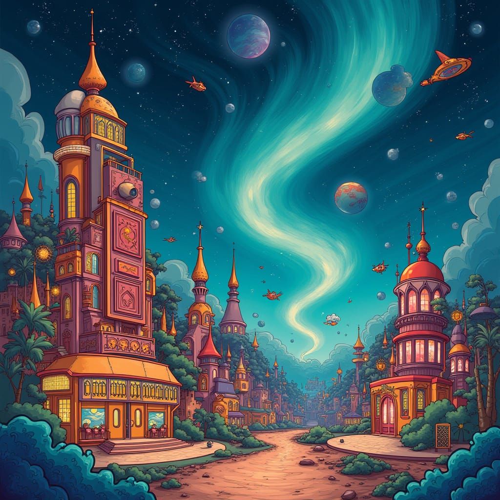 Fantastical Cityscape in Retro-Futurist Art Deco Style