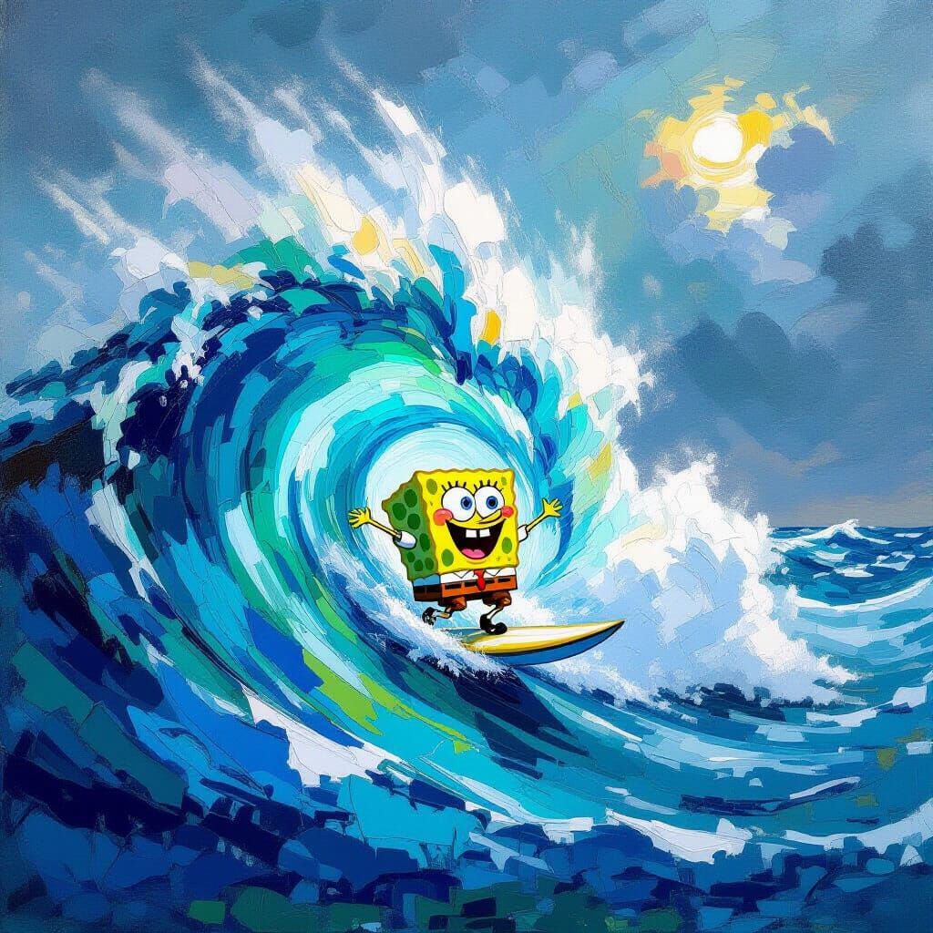 Spongebob Rides Giant Wave in Impasto Oil Painting Storm