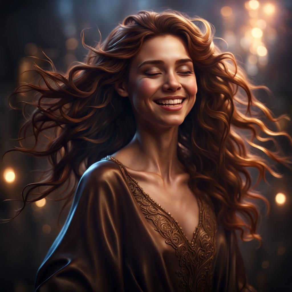 Happy Girl with Brown Hair in Matte Painting Style