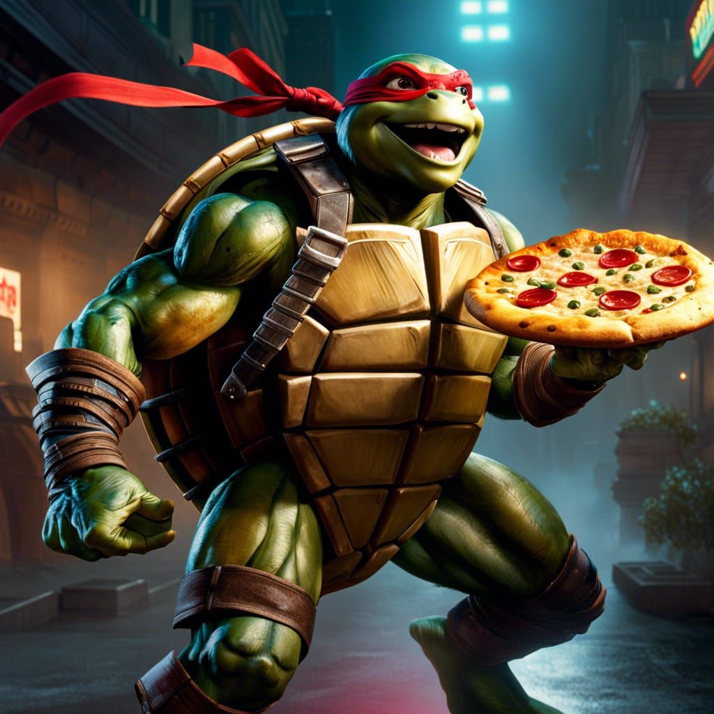 Teenage Mutant Ninja Turtle with Pizza, Hyperrealistic 8K