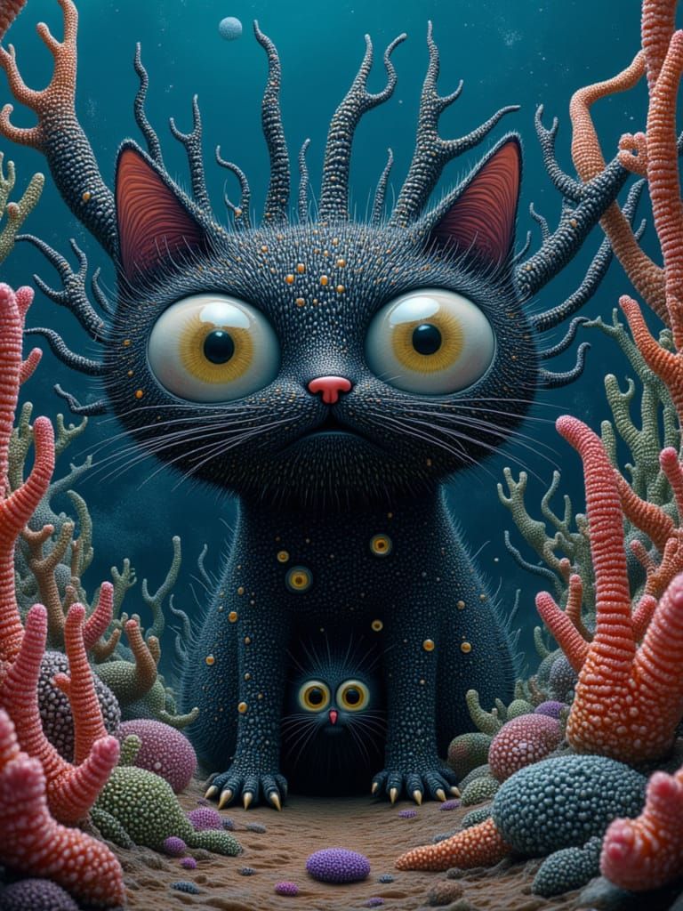 Whimsical Cat Swims in Vibrant Coral Reef