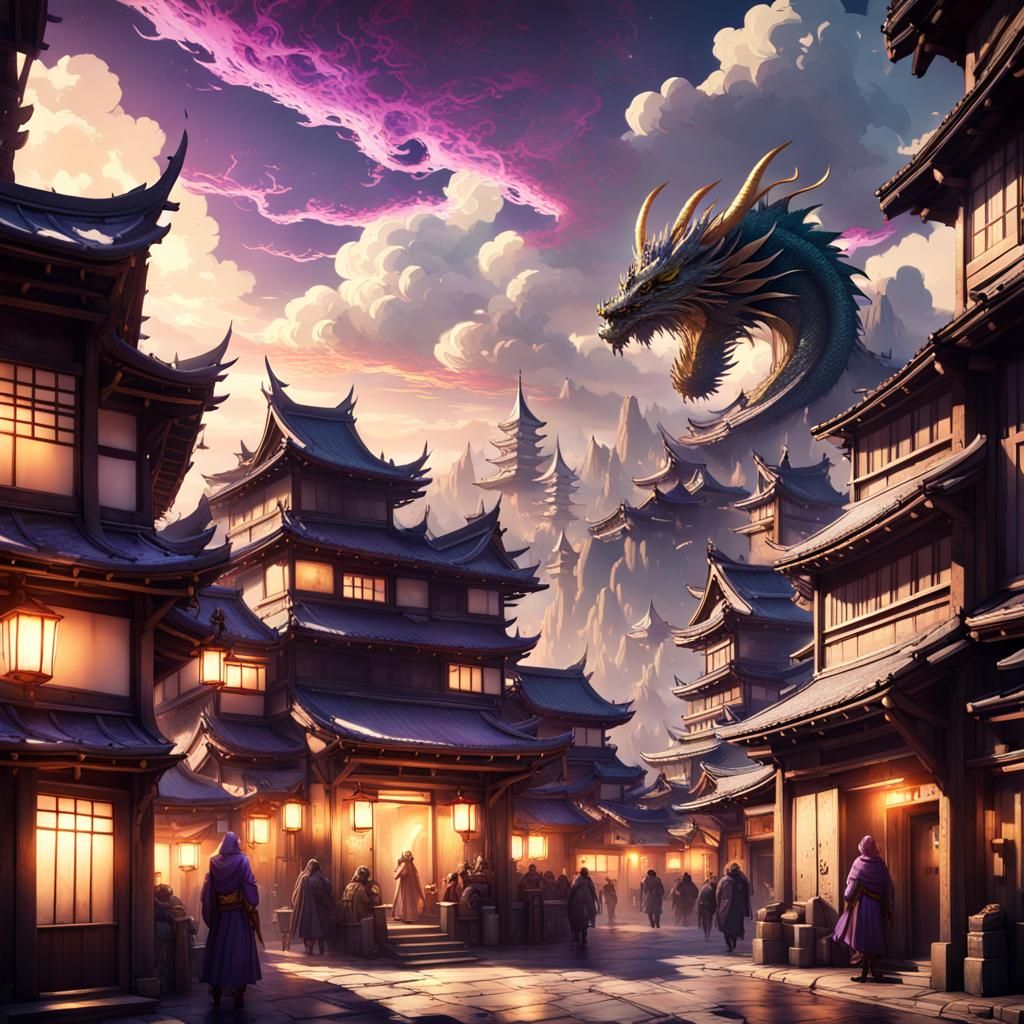 Dragon Over Medieval Japanese City, Dark Fantasy Art
