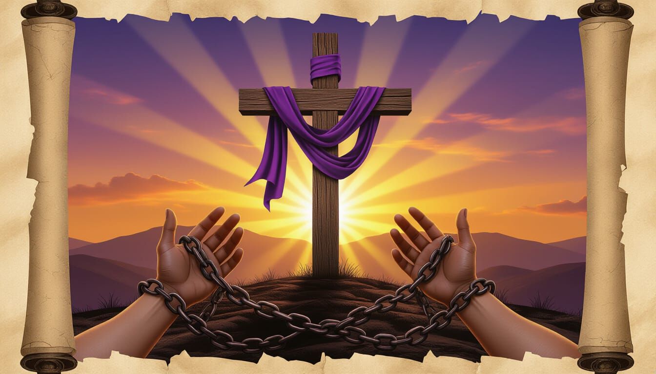 Dramatic Tattoo Scroll: Empty Cross and Broken Chains