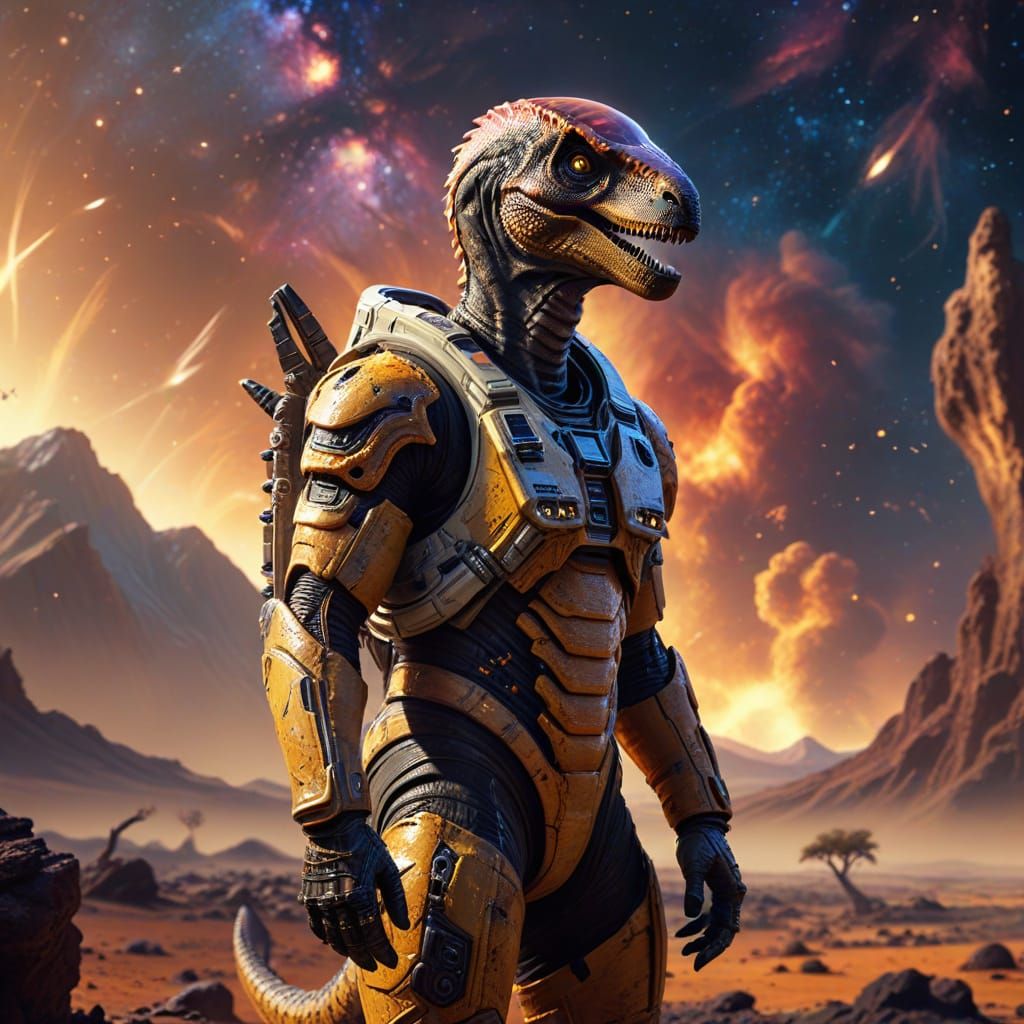 Velociraptor Astronaut on Alien Planet in Sci-Fi Art