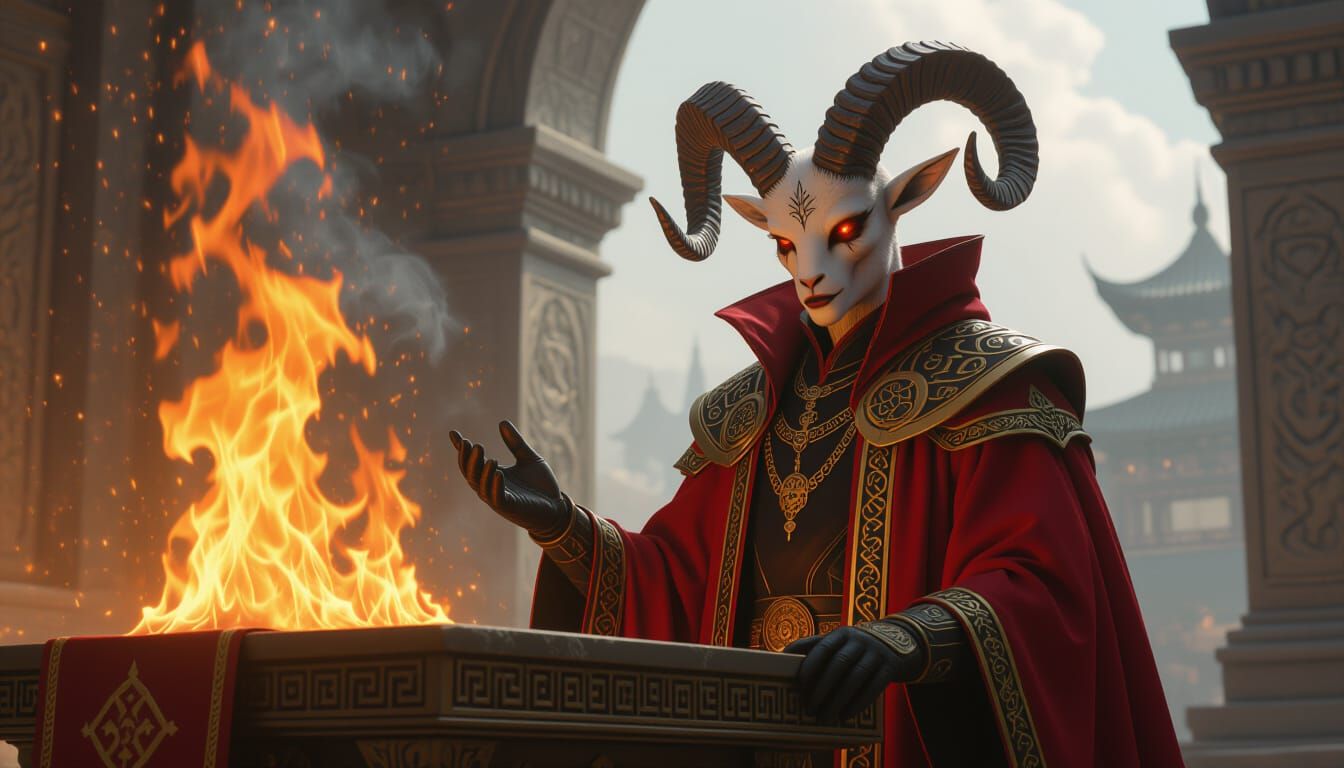 Horned Humanoid Summons Fire: Digital Art