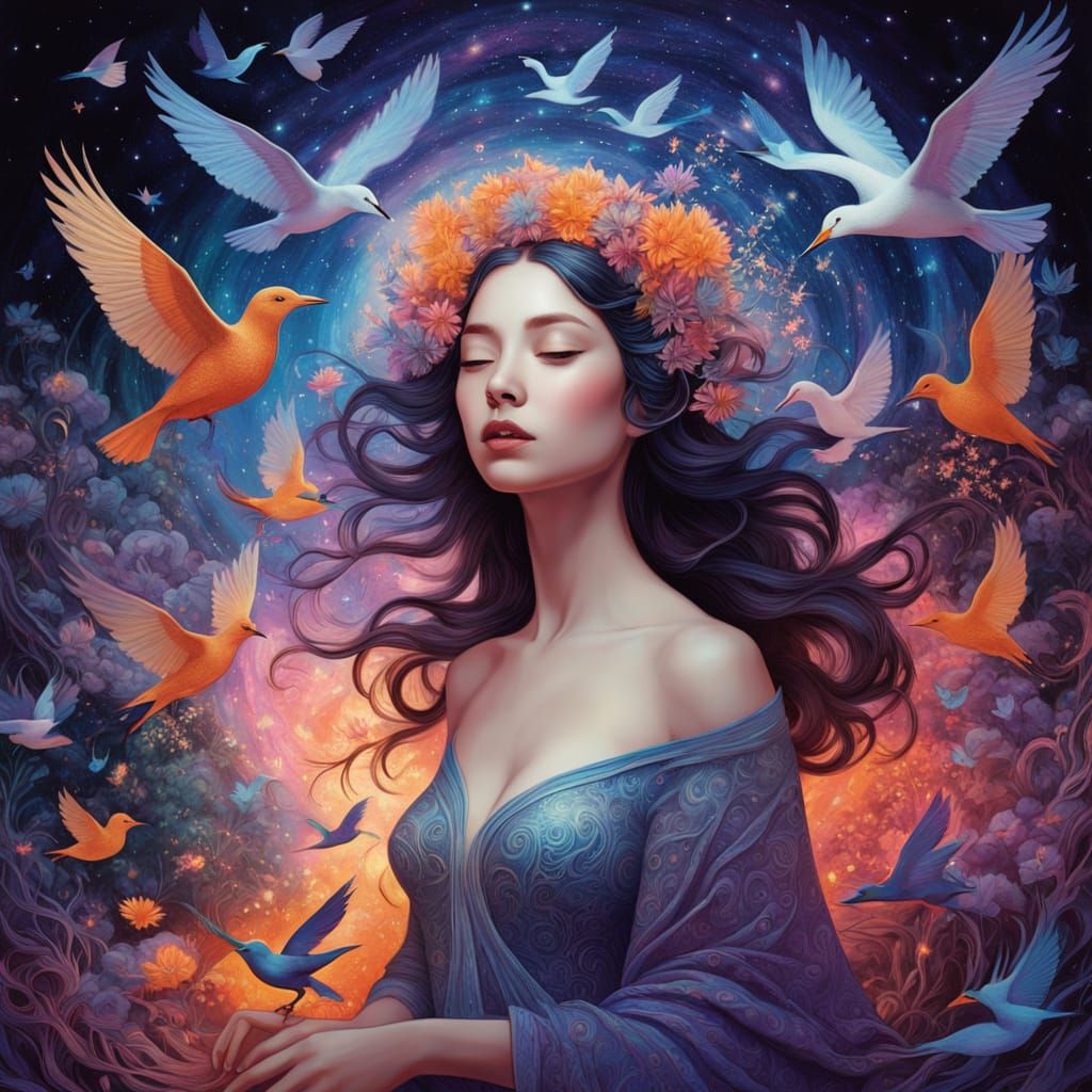 Ethereal Woman Transforms into Birds Amidst Cosmic Energy