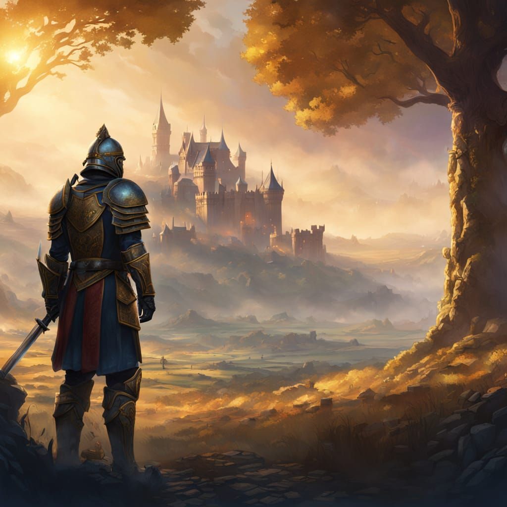 Fantasy King Surveys Distant Battlefield in Golden Light