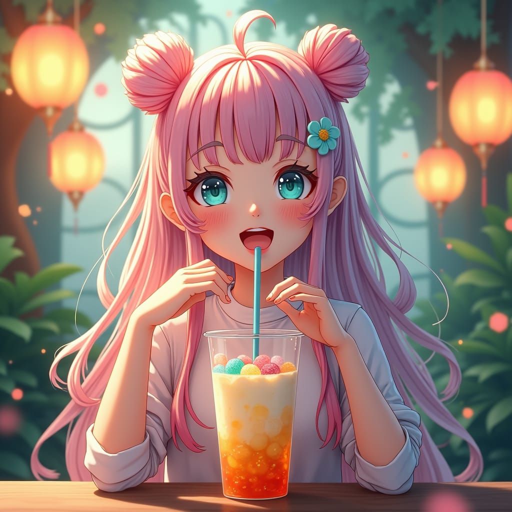 Anime Heroine Sipping Boba in Magical Boba Shop