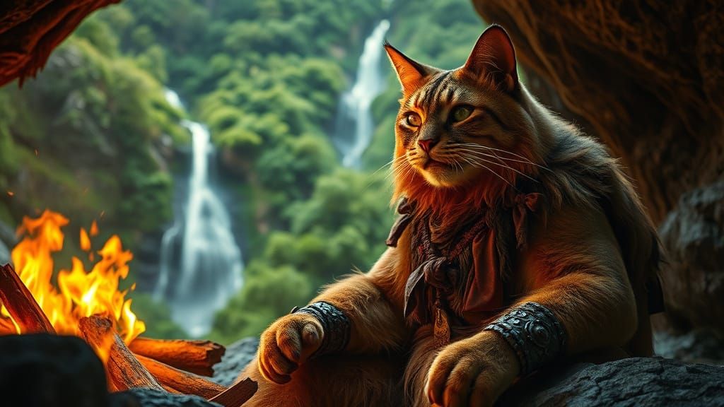 Cave Cat in Lush Forest: Hyperrealistic Film Still