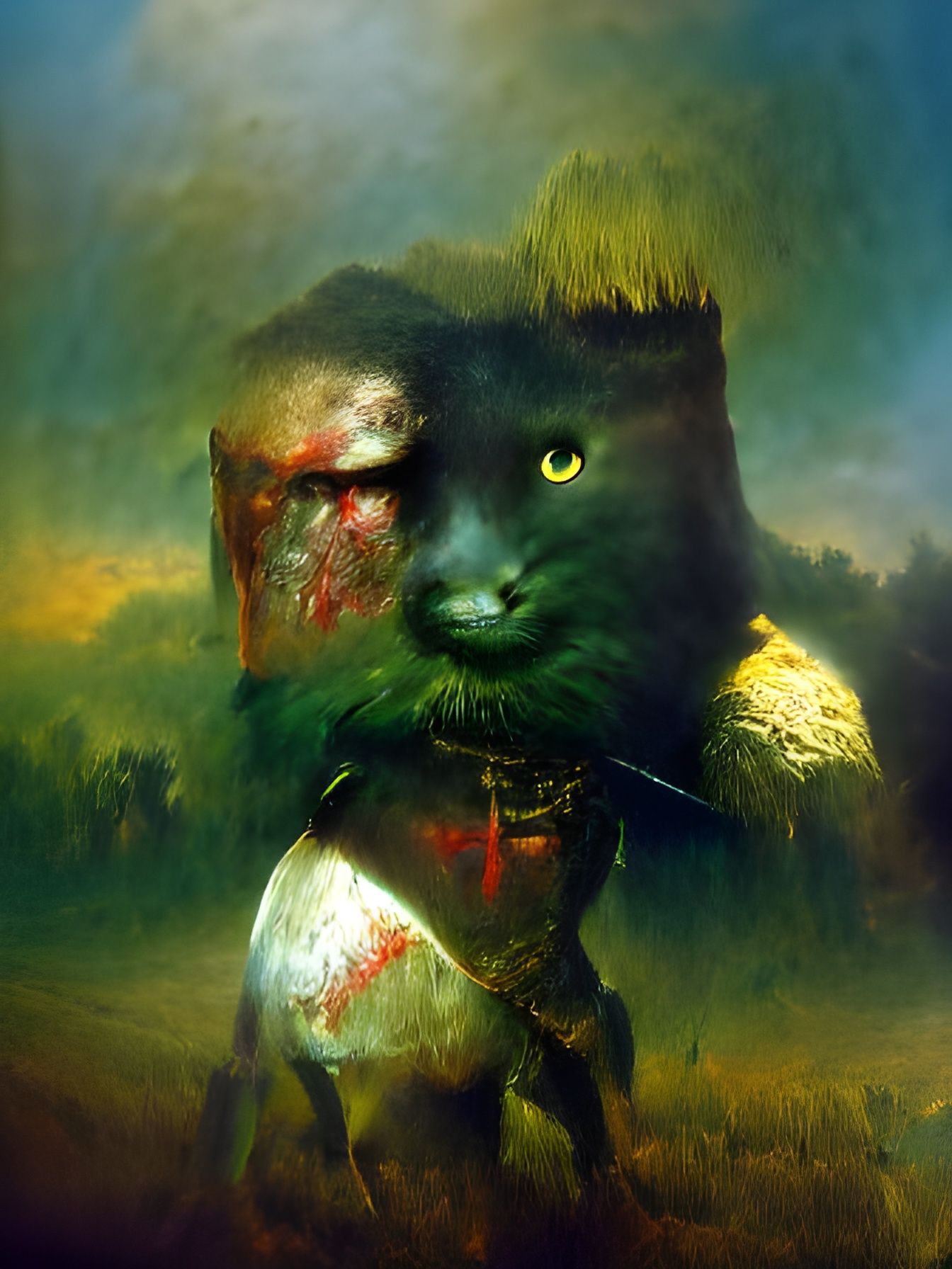 Green Cat Warrior Knight in Creepy Horror Style