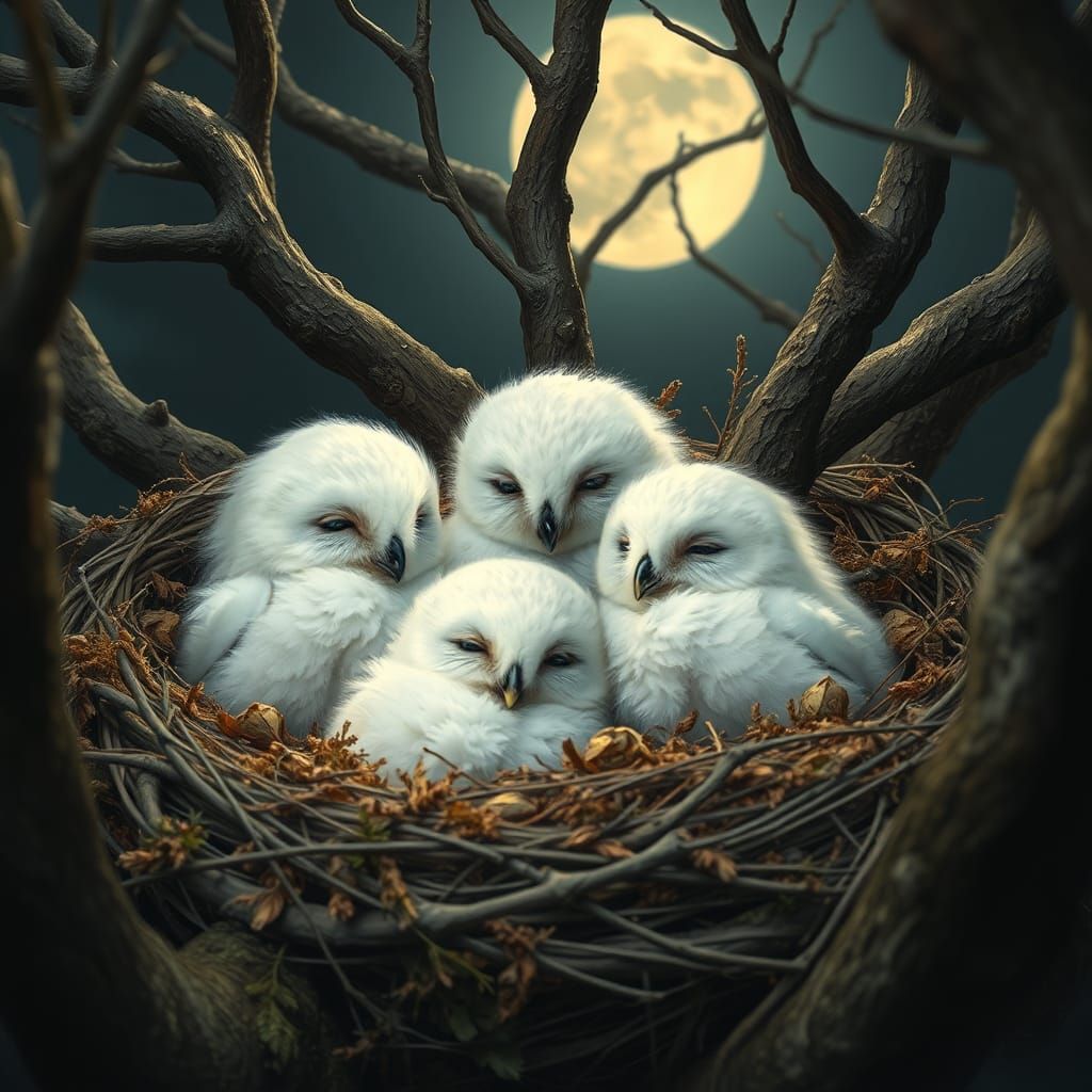 Three Baby Owls Sleeping Peacefully, Digital Matte Painting