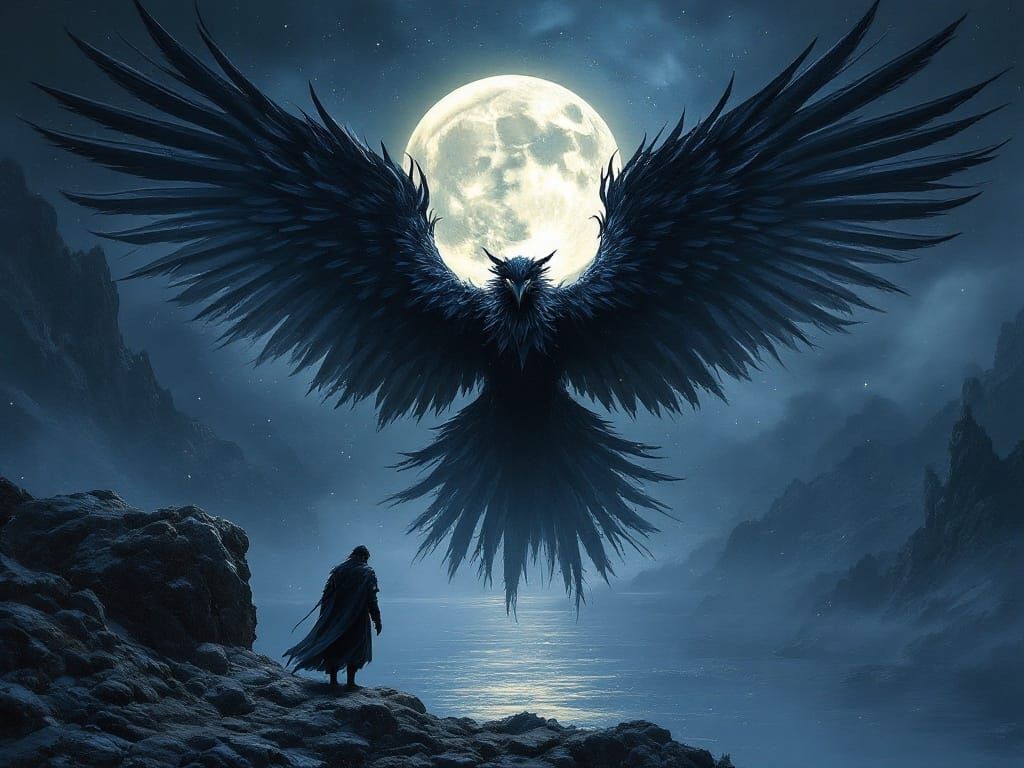 Majestic Dark-Winged Bird in Mystical Nordic Style