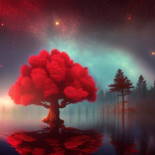 Celestial Tree Over Ruby Lake: Fantasy Concept Art