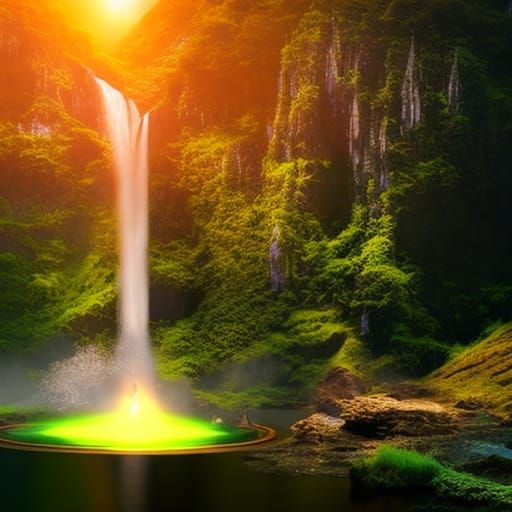 Ethereal Island: Woman Meditating by Multicolor Waterfall