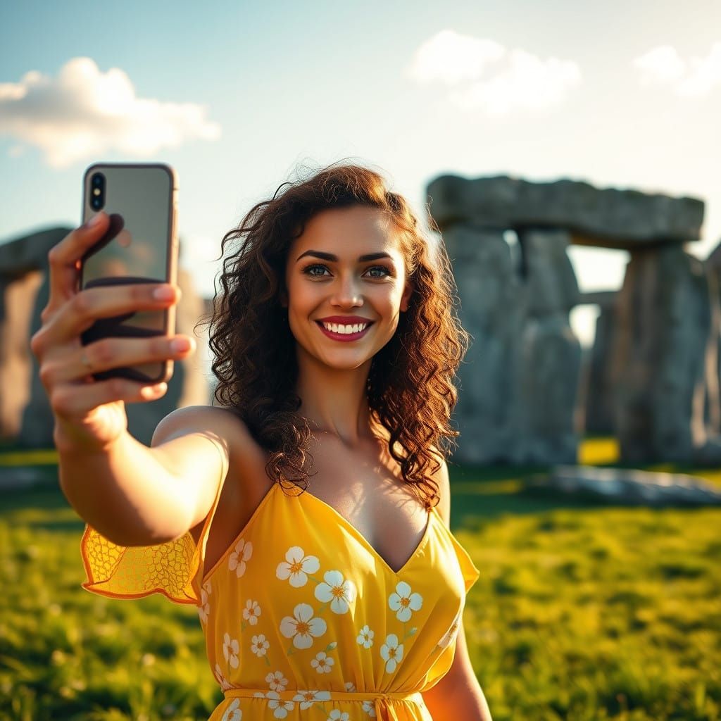 Vibrant Woman Takes Selfie at Mystical Stonehenge in Warm Su...