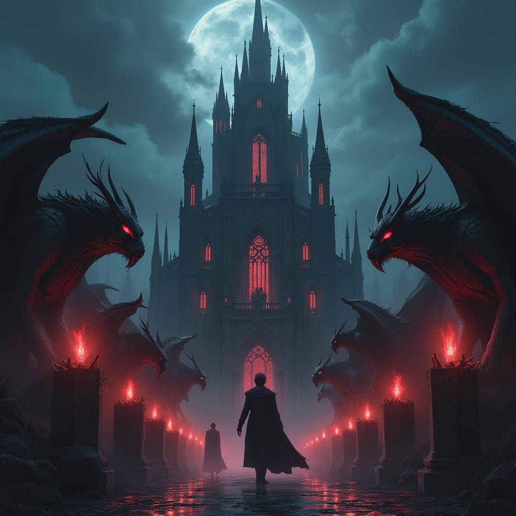 Obsidian Gothic Cathedral with Bioluminescent Gargoyles