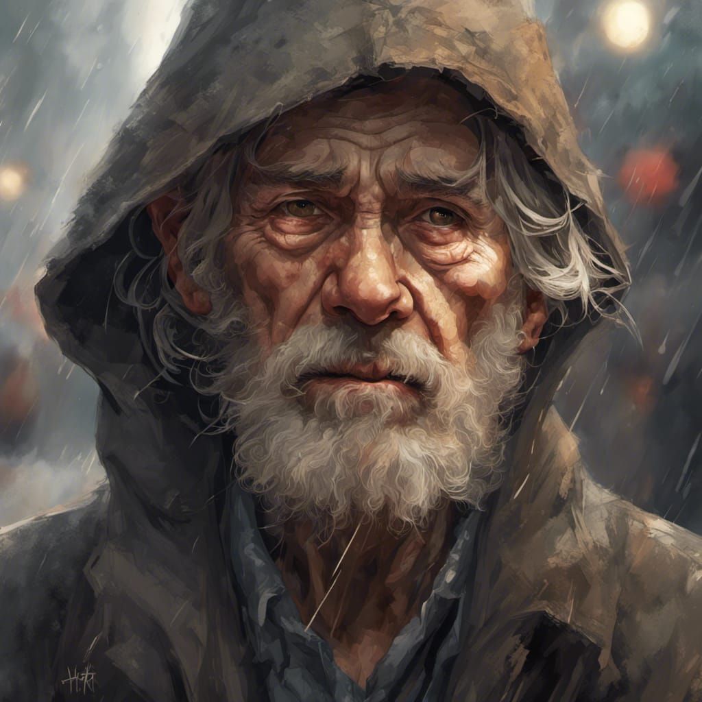 Desperate Homeless Man Begging in the Rain