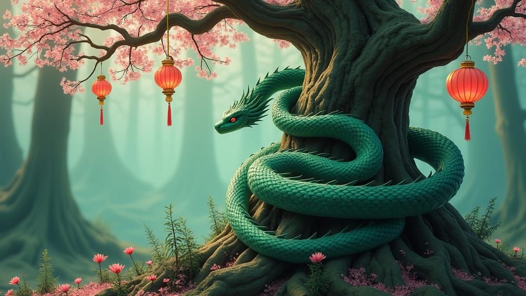 Emerald Serpent Uncoils around Ancient Tree in Lush, Mystica...