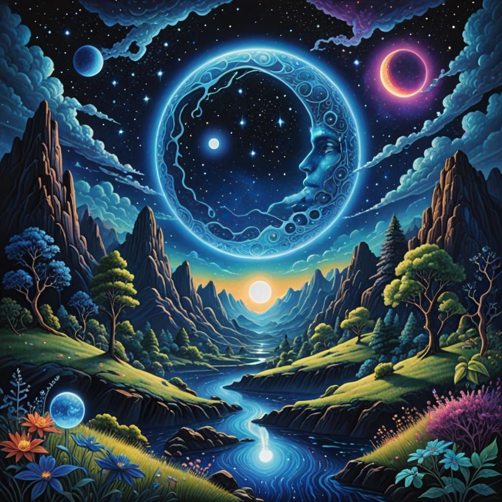 Holographic Blue Moon in Fantastical Alien Landscape