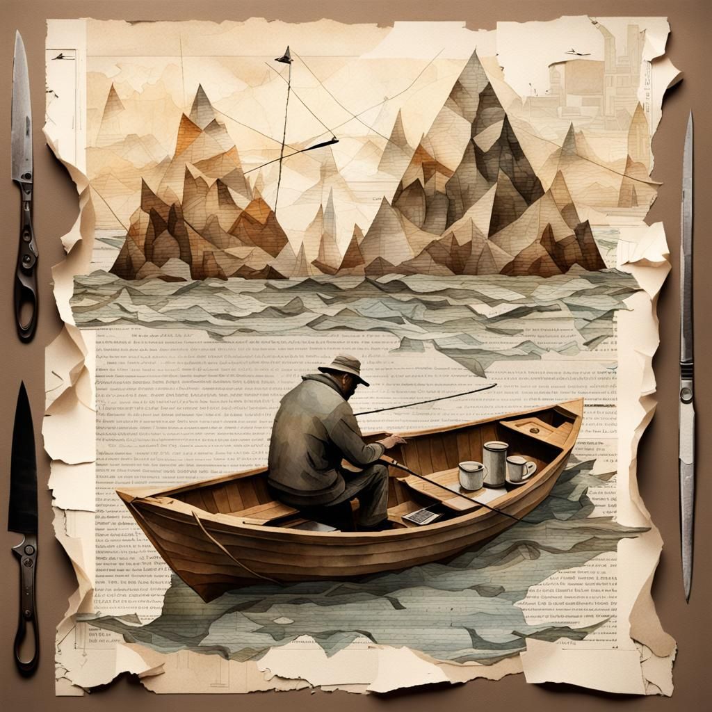 Fisherman in Boat Digital Collage Art