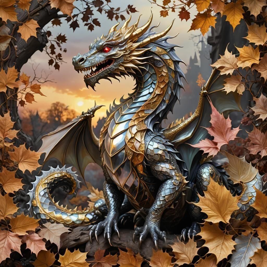 Iridescent Dragon Amidst Golden Autumn Leaves