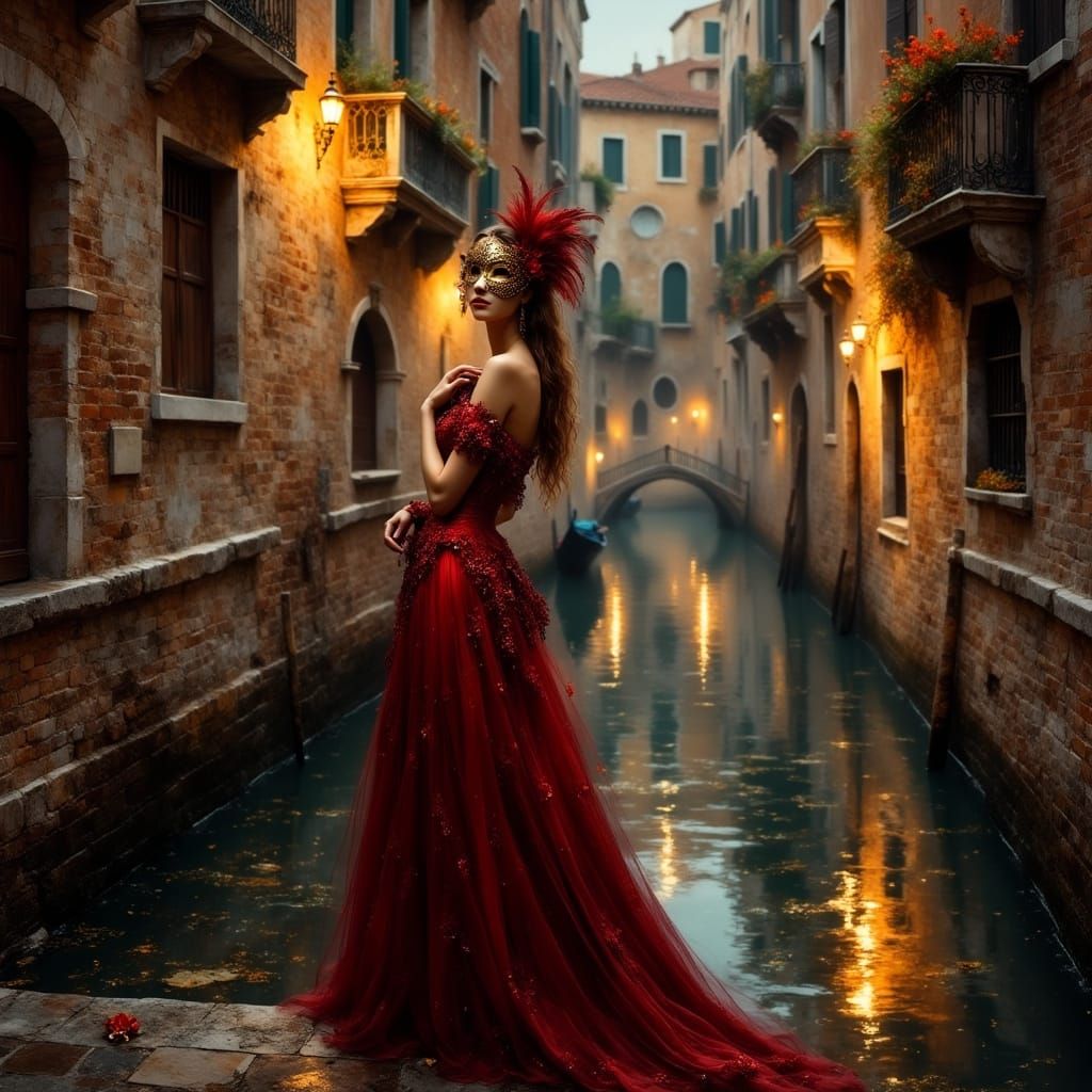Masked Woman on Bridge in Venice at Twilight