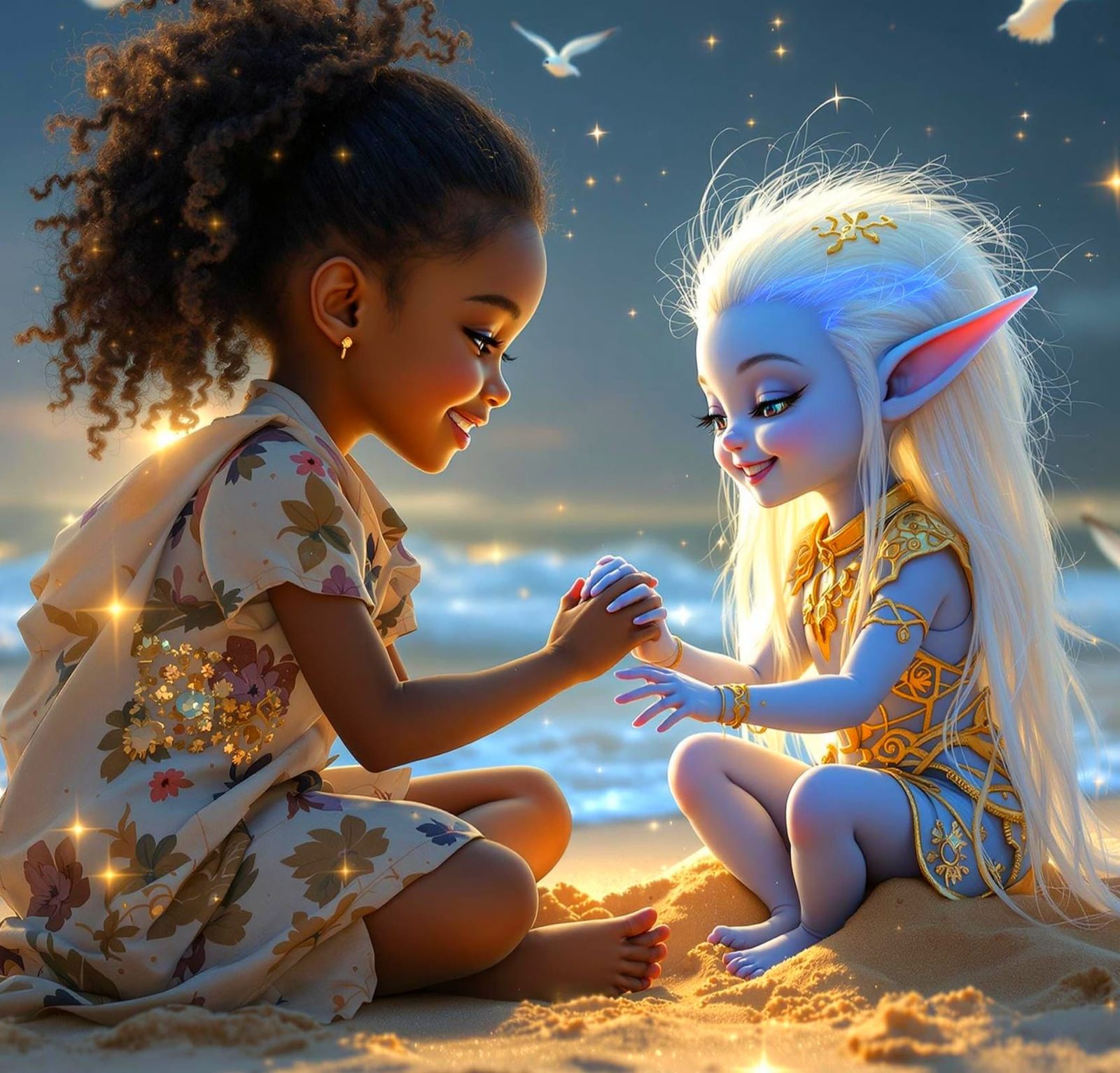 Beach Reunion: Girl Meets Alien Child in Hyperrealism