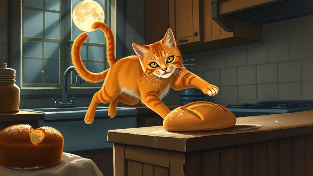 Whimsical Feline Midnight Snack in Warm, Golden Light